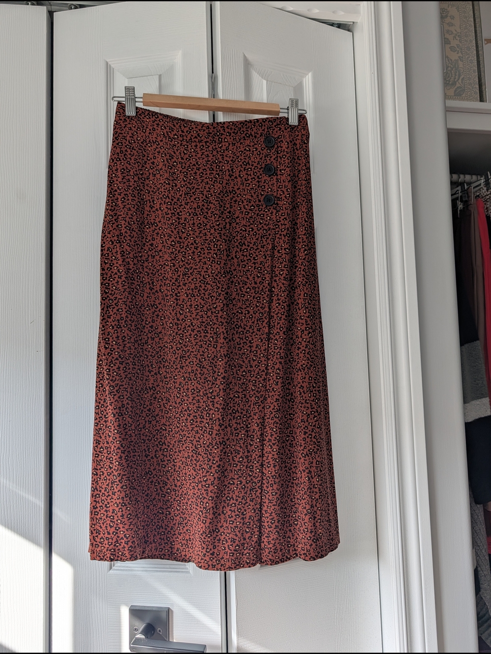 Rachel Rust Leopard Print Midi Skirt with Side Buttons